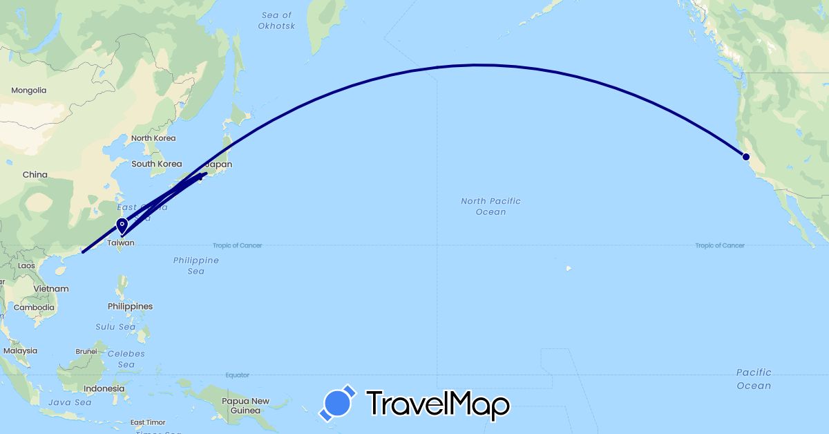 TravelMap itinerary: driving in China, Japan, Taiwan, United States (Asia, North America)